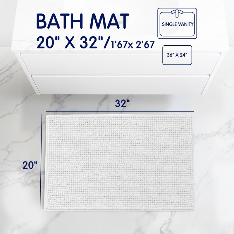 SUBRTEX Bathroom Rugs Chenille Bath Rug Soft Short Plush Bath Mat Soft Shower Mat Water Absorbent Shower Mat Quick Dry Machine Washable (White, 20" x 32") - Image 2